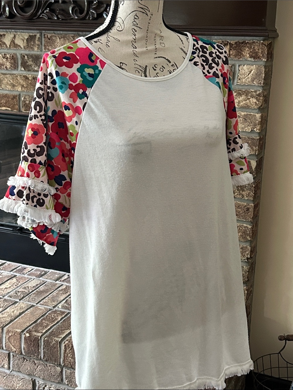 White Raglan Top with Multicolor Floral & Leopard Sleeves Fringe Trim